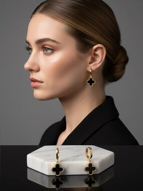 349. 18K Gold plated stainless steel Hoop Earrings with Black Clover Dangles